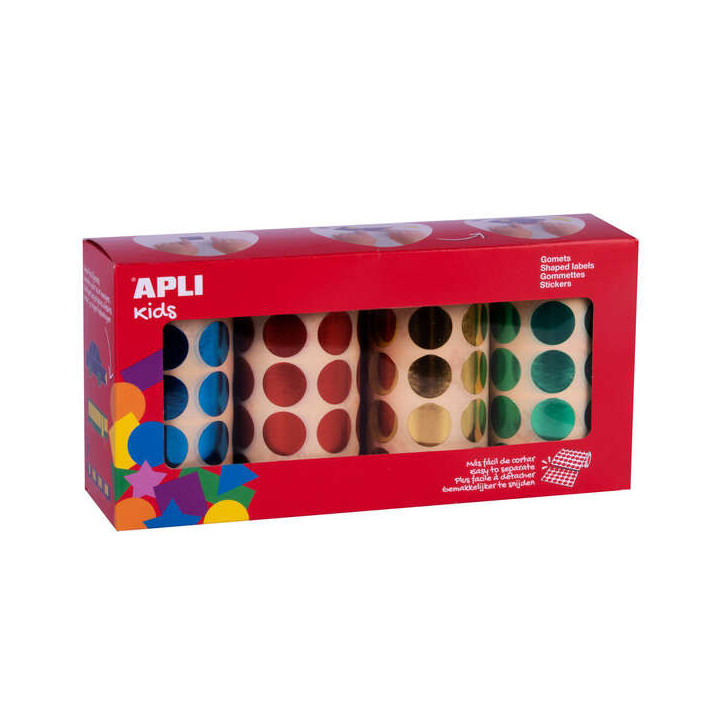Apli Pack de 5.640 Gomets Redondos Ø 20mm - 4 Rollos de 1.410 Gomets - Adhesivo Permanente - Ideal para escuelas Infantiles y