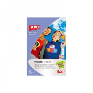 Apli Pack de 5 Hojas de Papel Transfer para Impresoras Inkjet - Ideal para Prendas de Color - Perfecto para Personalizar Ropa d