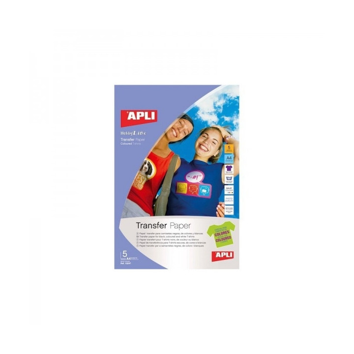 Apli Pack de 5 Hojas de Papel Transfer para Impresoras Inkjet - Ideal para Prendas de Color - Perfecto para Personalizar Ropa d