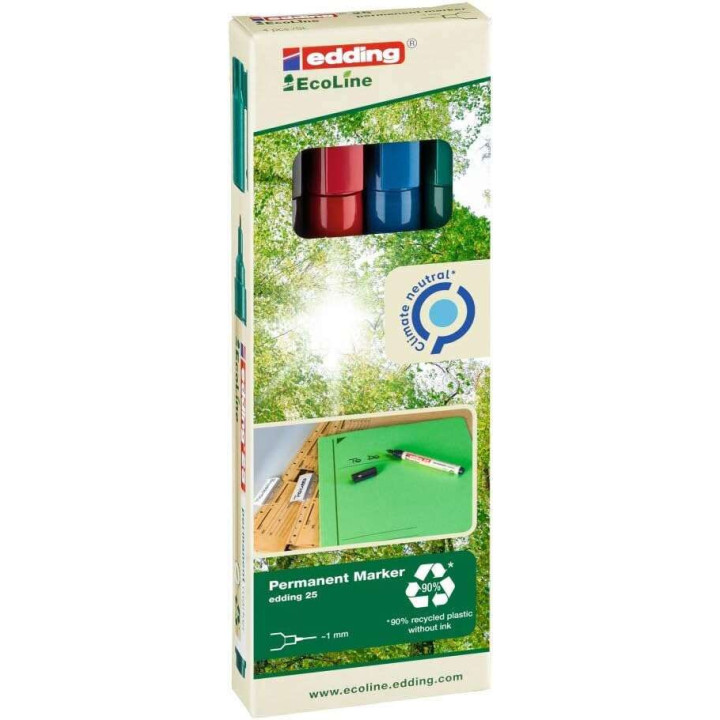 Edding 25 EcoLine Pack de 4 Rotuladores Permanentes - Punta Redonda Fina - Trazo 1mm - 90% de Plastico Reciclado - Colores Surt