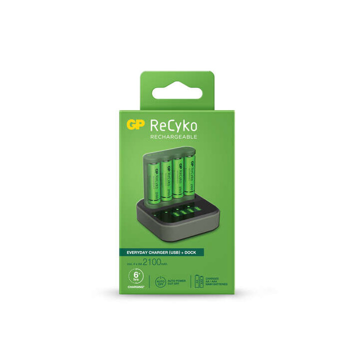GP ReCyko B421 Dock Pack de Cargador Everyday USB 4 Espacios + Base de Carga + 4 Pilas Recargables 2100mAh AA
