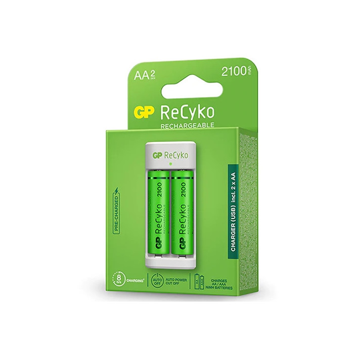 GP ReCyko Pack de Cargador USB + 2 Pilas Recargables 2100mAh AA