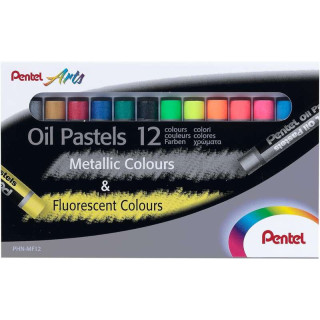 Pentel Oil Pastels Pack de 12 Pasteles Oleo - 6 Metalicos y 6 Fluorescentes - Blandos
