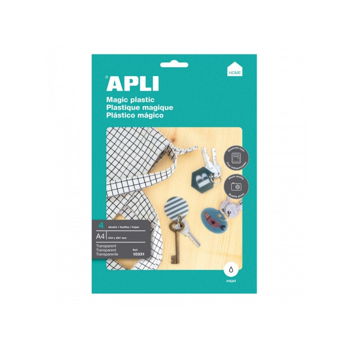 Apli Pack de 4 Hojas de Plastico Magico Imprimible - Apto para Impresoras Inkjet - Transforma Diseños en 3D - Ideal para Colga