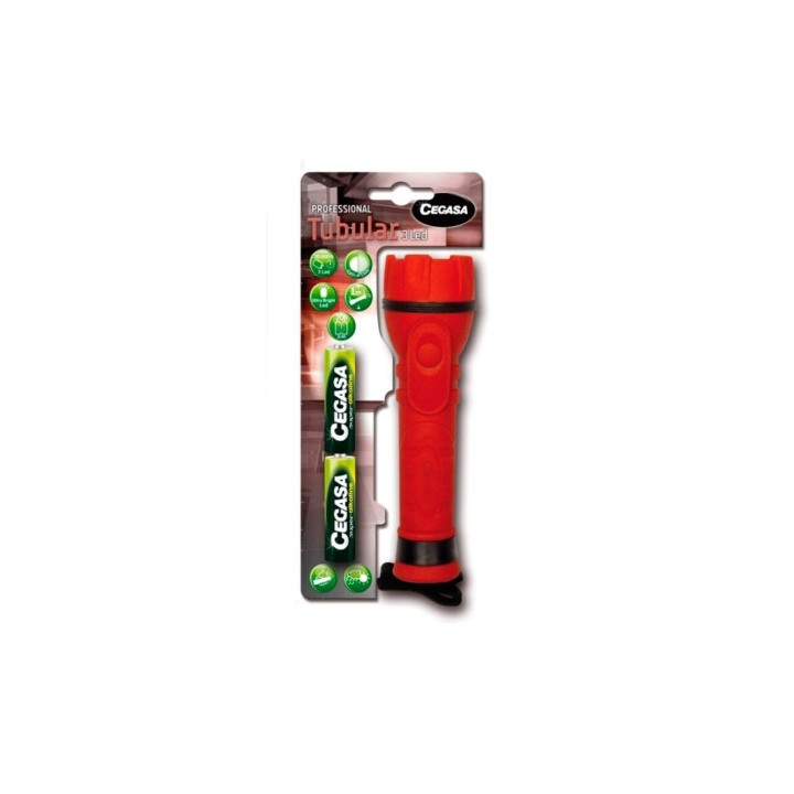 Cegasa Profesional Linterna de 3 LED - Cuerpo de Goma Antideslizante - Resistente a Golpes y Humedad - Funciona con 2 Pilas LR6