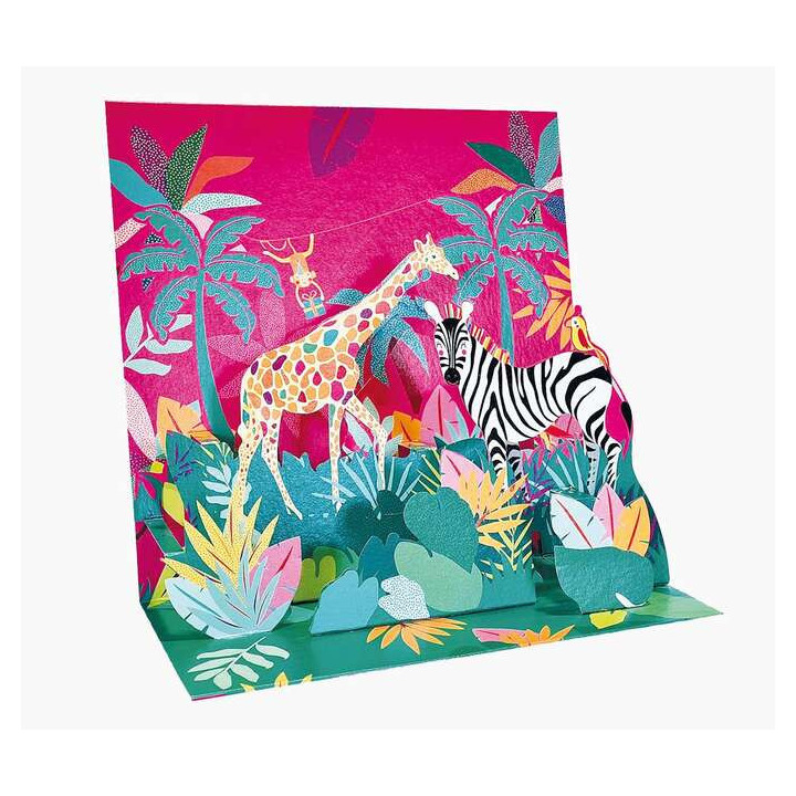 Pictura Tarjeta 3D Pop-Up - 16x16cm - Tematica Jungla - Embolsada Individualmente - Incluye Sobre Blanco - Papel con Certificac