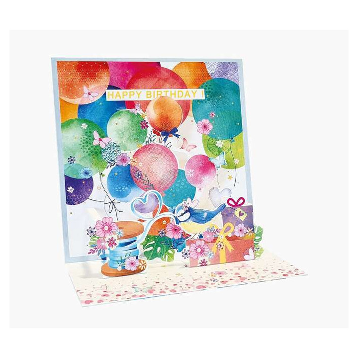 Pictura Tarjeta 3D Pop-Up - 16x16cm - Tematica Globos - Embolsada Individualmente - Incluido Sobre Blanco - Papel con Certifica