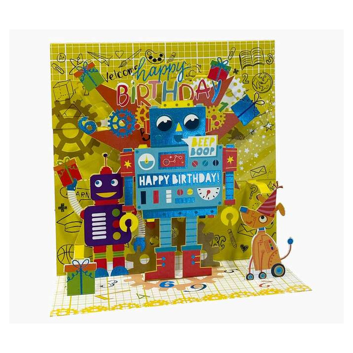 Pictura Tarjeta 3D Pop-Up - 16x16cm - Tematica Robots - Embolsada Individualmente - Incluido Sobre Blanco - Papel con Certifica
