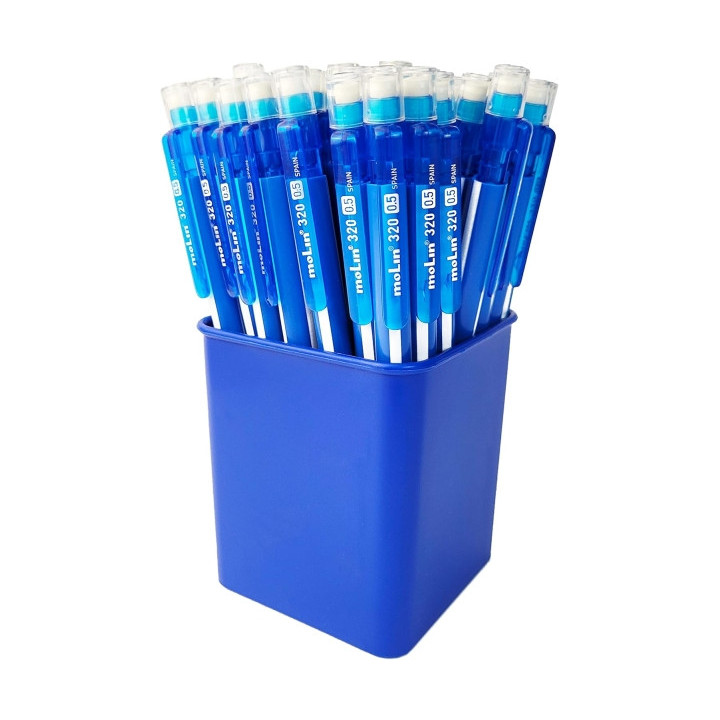 Molin Grafic-320 Pack de 50 Portaminas HB 0.5mm - Cuerpo Triangular - Goma de Borrar Integrada - Color Azul