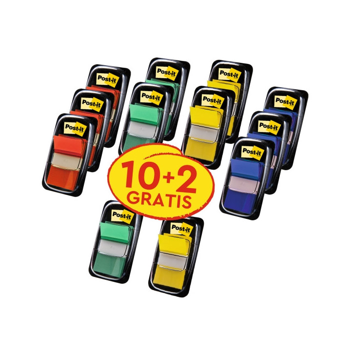 Post-It Index Pack de 12 Dispensadores con 50 Marcadores de Indice Reposicionables - Forma Rectangular - Colores Surtidos