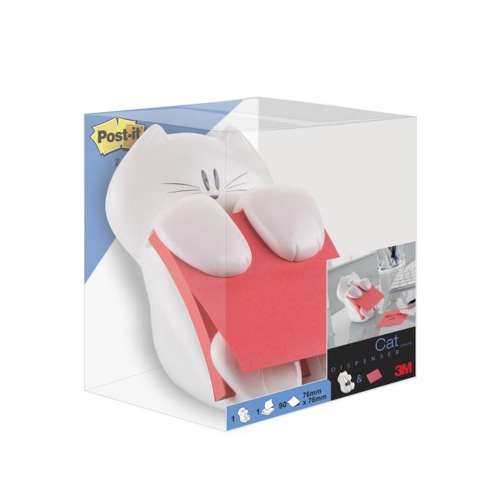 Post-It Super Sticky Dispensador con Bloc de 90 Z-Notas Adhesivas - Dispensador Gato - Forma Cuadrada - 76x76mm - Color Blanco