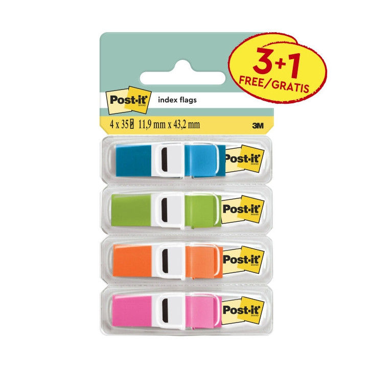 Post-It Index Pack de 4 Dispensadores con 35 Marcadores de Indice Reposicionables - Forma Rectangular - Colores Surtidos