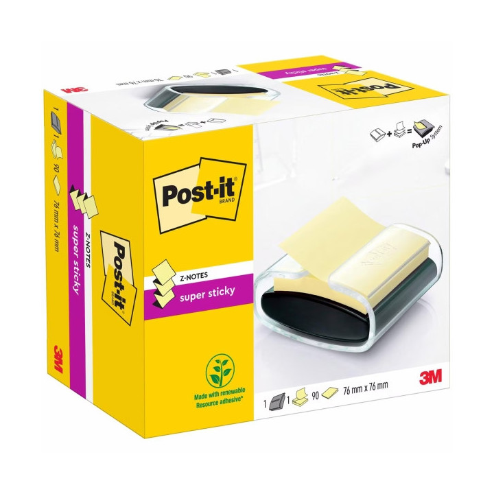 Post-It Super Sticky Dispensador con Bloc de 90 Z-Notas Adhesivas - Dispensador Pro - Forma Cuadrada - 76x76mm - Color Negro