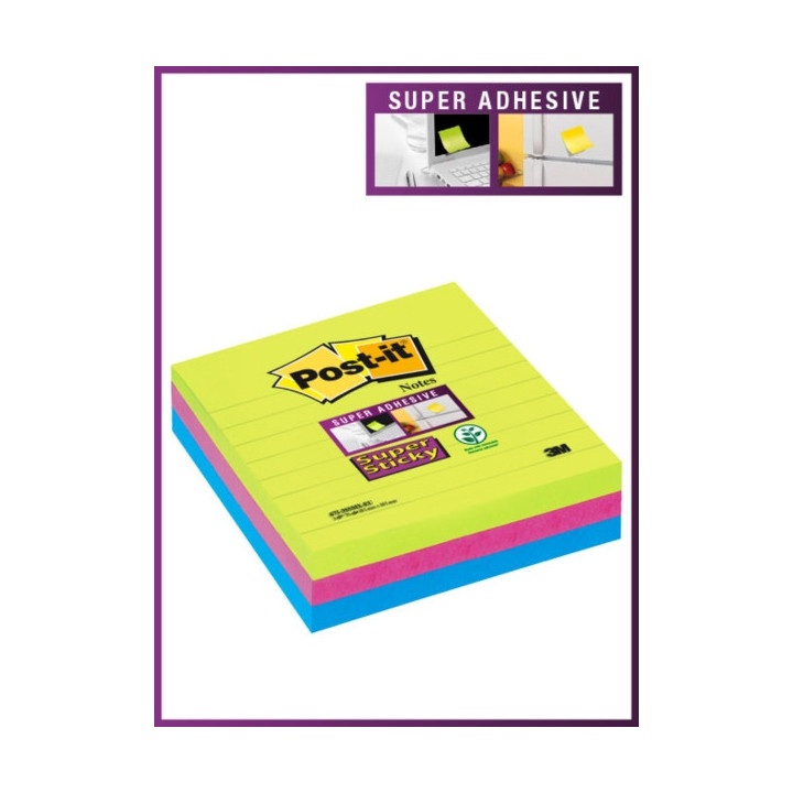 Post-It Super Sticky Pack de 3 Blocs de 70 Notas Adhesivas Reposicionables - 101x101mm - 100% PEFC - Colores Surtidos