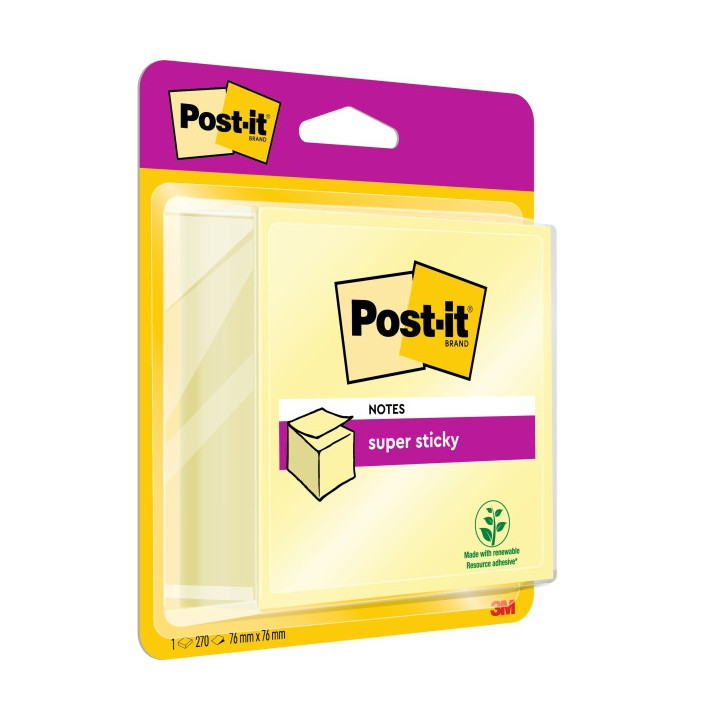 Post-It Super Sticky Cubo de 270 Notas Adhesivas Reposicionables - 76x76mm - 100% PEFC - Color Amarillo Claro