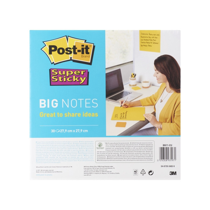 Post-It Super Sticky Bloc de 30 Notas Adhesivas Reposicionables - Forma Cuadrada - 279x279mm - Color Amarillo Claro