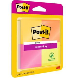 Post-It Super Sticky Pack de 4 Blocs de 45 Notas Adhesivas Reposicionables - 47.6x47.6mm - 100% PEFC - Colores Surtidos