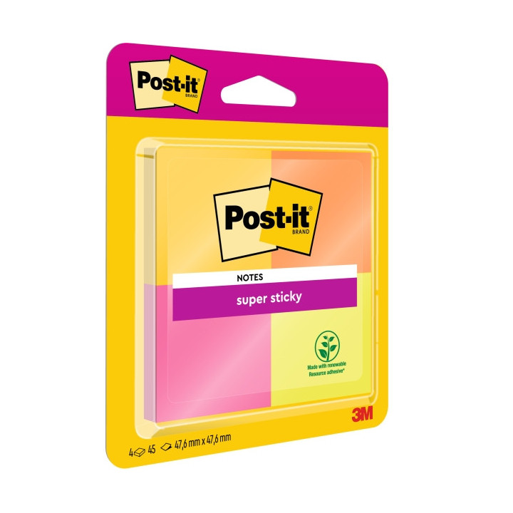 Post-It Super Sticky Pack de 4 Blocs de 45 Notas Adhesivas Reposicionables - 47.6x47.6mm - 100% PEFC - Colores Surtidos