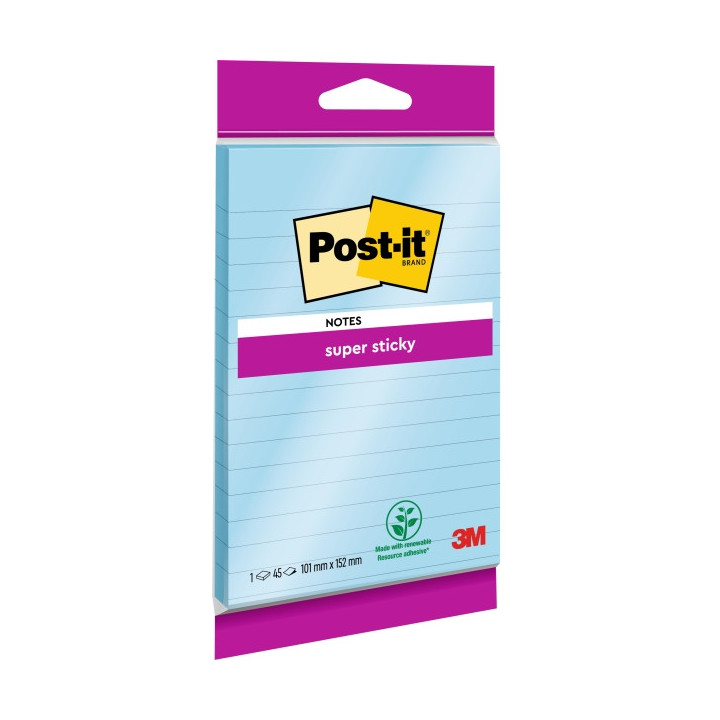 Post-It Super Sticky Bloc de 90 Notas Grandes Adhesivas Reposicionables - con Lineas - 102x152mm - Color Azul