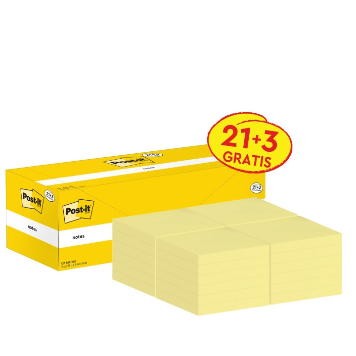 Post-It Pack de 24 Blocs de 100 Notas Adhesivas Reposicionables - Forma Cuadrada - 76x76mm - Color Amarillo Claro