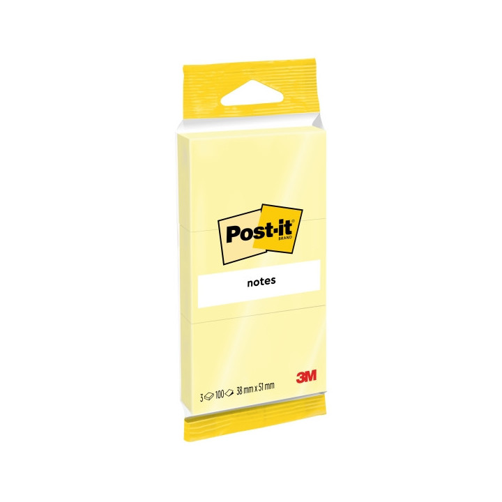Post-It Pack de 3 Blocs de 100 Notas Adhesivas Reposicionables - 38x51mm - 100% PEFC - Color Amarillo Claro