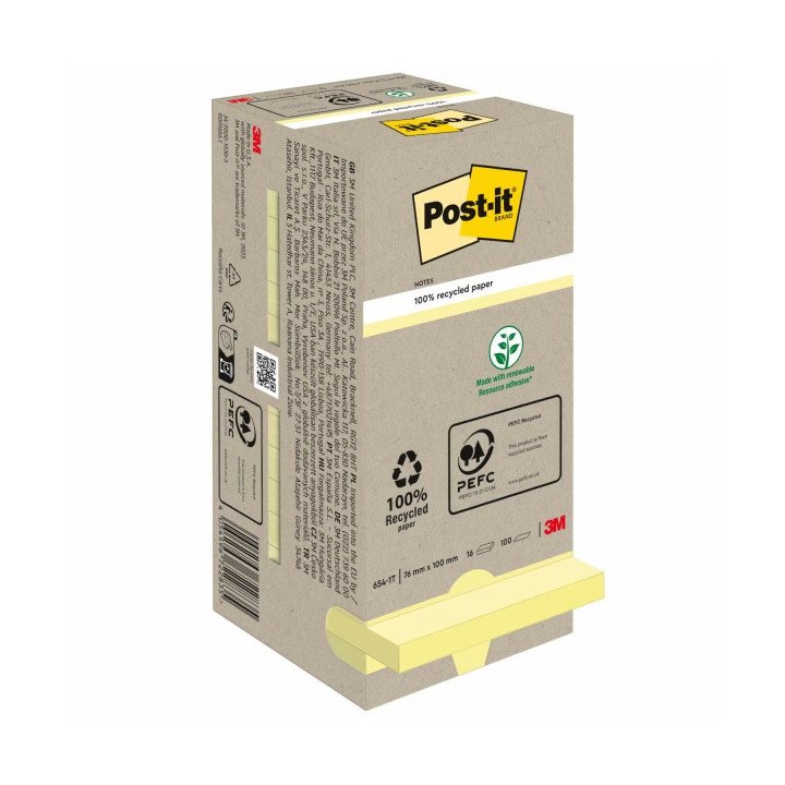 Post-It Pack de 16 Blocs de 100 Notas Adhesivas Recicladas - Forma Cuadrada - 76x76mm - Color Amarillo Claro