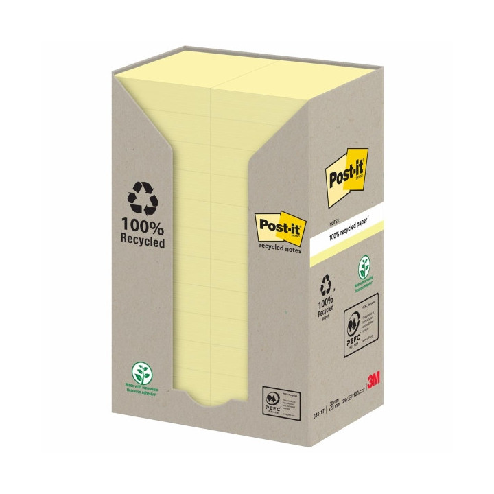 Post-It Pack de 24 Blocs de 100 Notas Adhesivas Recicladas - Forma Rectangular - 51x38mm - Color Amarillo Claro