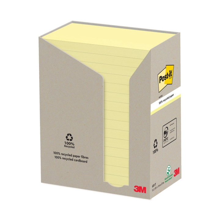 Post-It Pack de 16 Blocs de 100 Notas Adhesivas Recicladas - Forma Rectangular - 76x127mm - Color Amarillo Claro