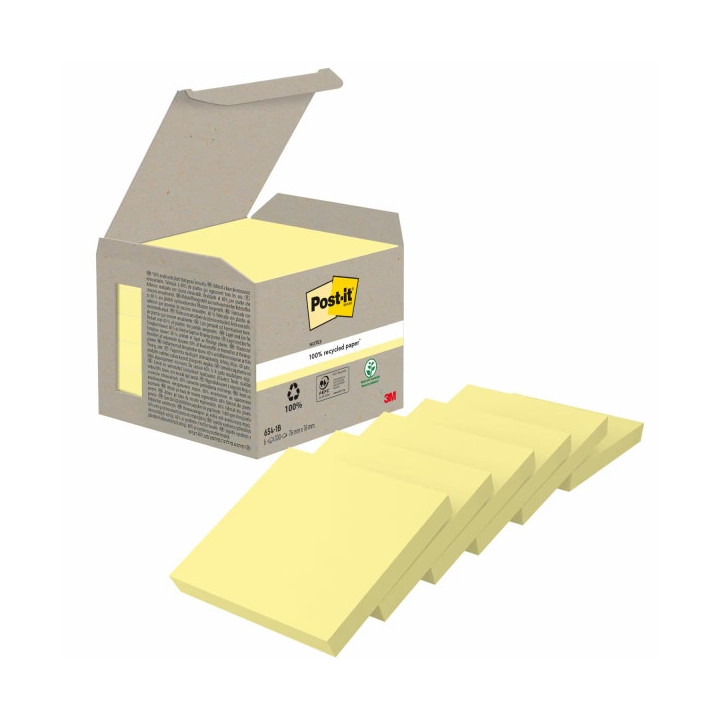Post-It Pack de 6 Blocs de 100 Notas Adhesivas Recicladas - Forma Cuadrada - 76x76mm - Color Amarillo Claro