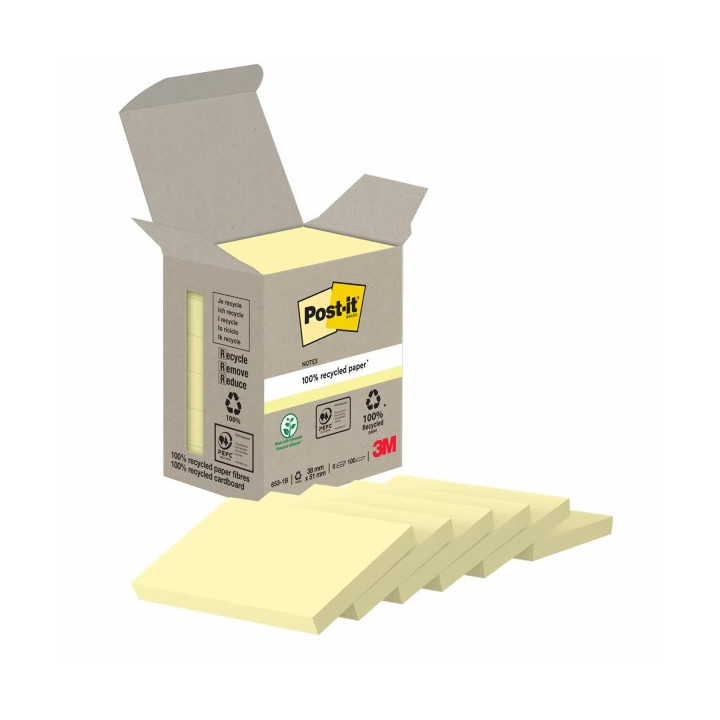 Post-It Pack de 6 Blocs de 100 Notas Adhesivas Recicladas - Forma Rectangular - 51x38mm - Color Amarillo Claro