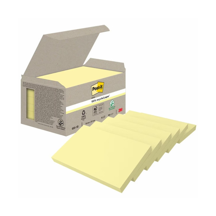 Post-It Pack de 6 Blocs de 100 Notas Adhesivas Recicladas - Forma Rectangular - 76x127mm - Color Amarillo Claro