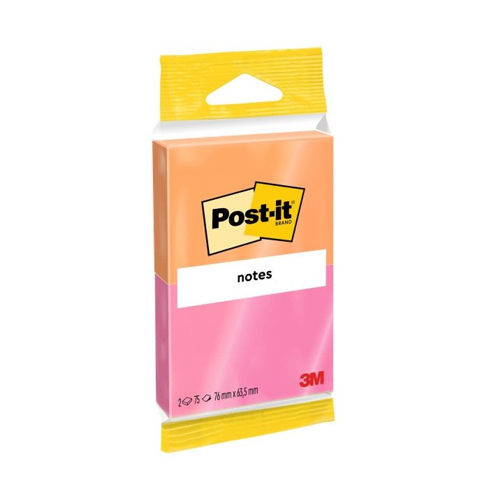 Post-It Pack de 2 Blocs de 75 Notas Adhesivas Reposicionables - Forma Rectangular - 76x63.5mm - Colores Surtidos