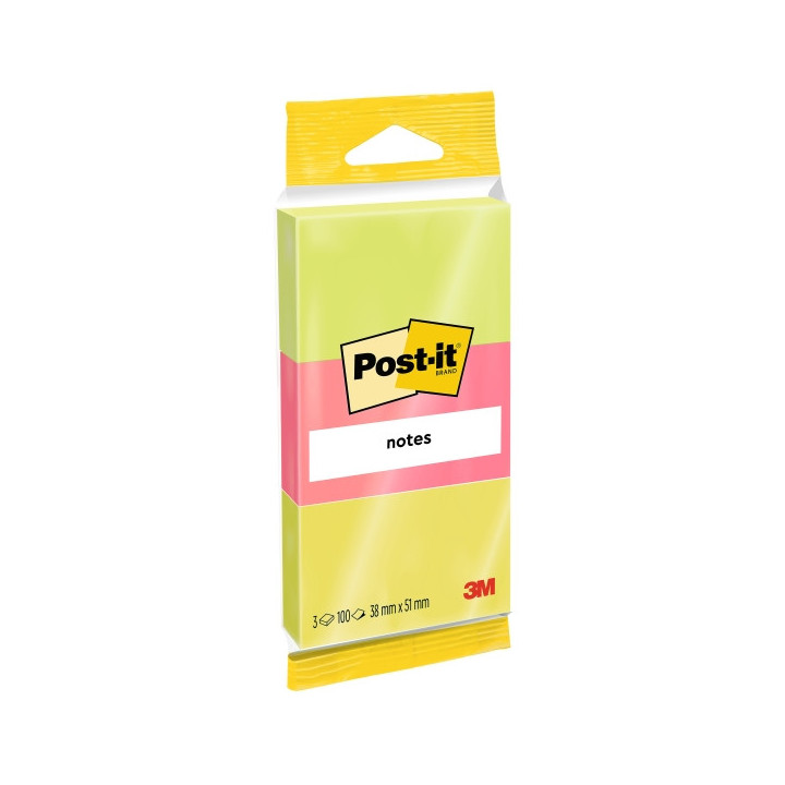 Post-It Pack de 3 Blocs de 100 Notas Adhesivas Reposicionables - Forma Rectangular - 38x51mm - Colores Surtidos