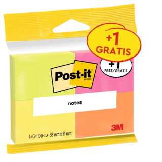 Post-It Pack de 4 Blocs de 100 Notas Adhesivas Reposicionables - Colores Neon - 38x51mm - Promocion 3 Blocs + 1 Gratis - Colore