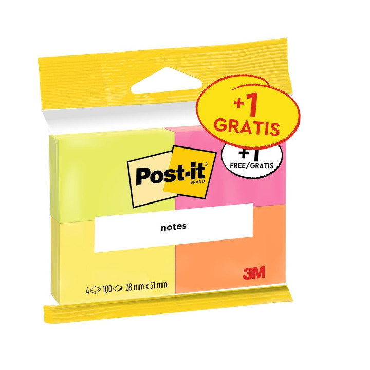 Post-It Pack de 4 Blocs de 100 Notas Adhesivas Reposicionables - Colores Neon - 38x51mm - Promocion 3 Blocs + 1 Gratis - Colore