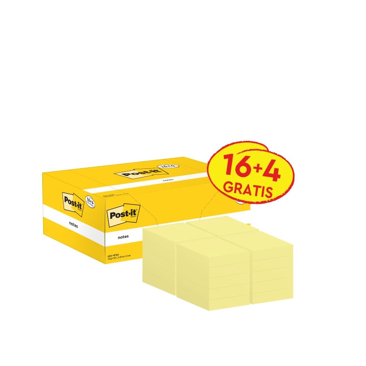 Post-It Pack de 20 Blocs de 100 Notas Adhesivas Reposicionables - Forma Rectangular - 38x51mm - Color Amarillo Claro