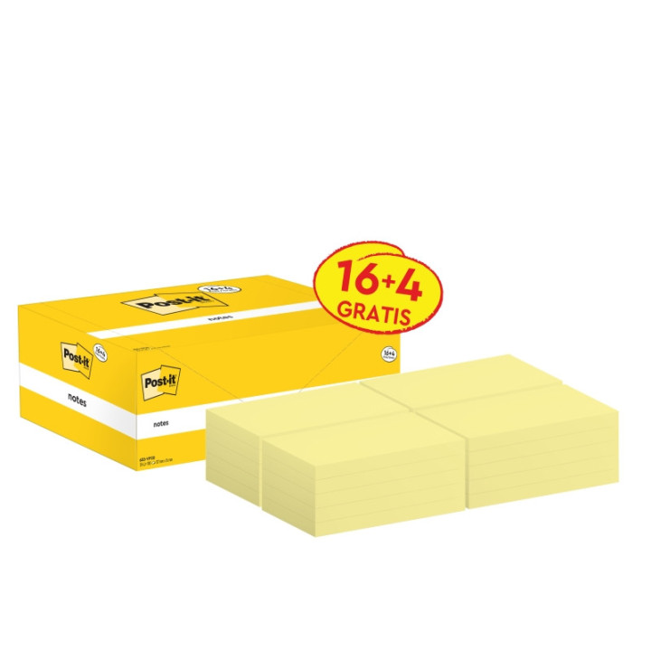 Post-It Pack de 20 Blocs de 100 Notas Adhesivas Reposicionables - Forma Rectangular - 76x127mm - Color Amarillo Claro