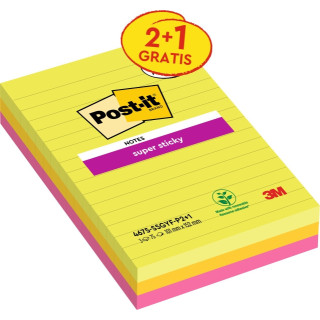 Post-It Super Sticky Pack de 3 Blocs de 75 Notas Adhesivas Reposicionables - Forma Rectangular - 101x152mm - Colores Surtidos