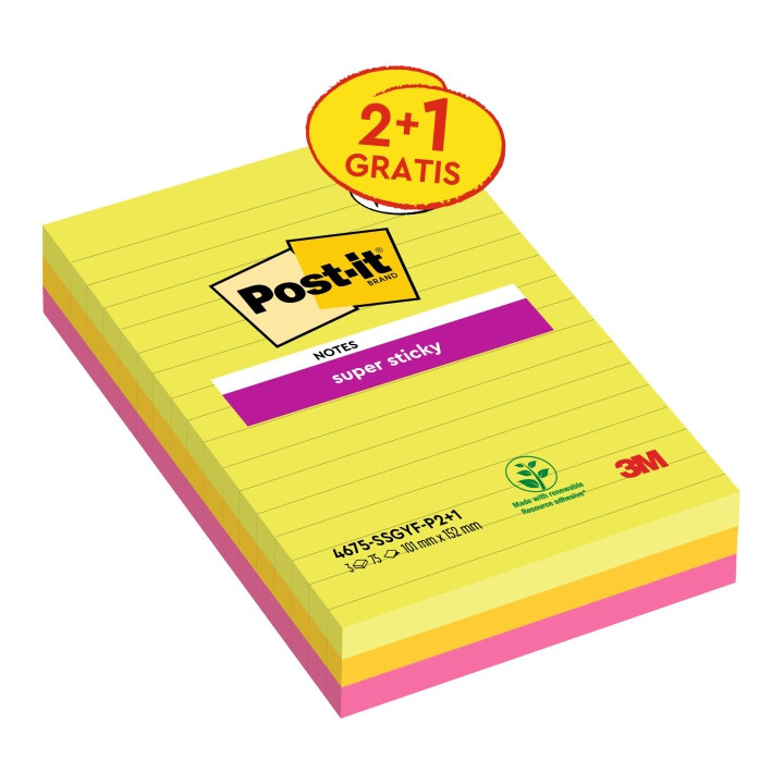 Post-It Super Sticky Pack de 3 Blocs de 75 Notas Adhesivas Reposicionables - Forma Rectangular - 101x152mm - Colores Surtidos