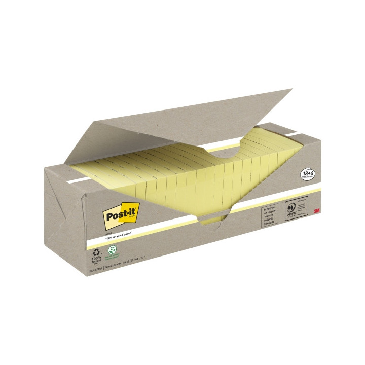 Post-It Pack de 24 Blocs de 100 Notas Adhesivas Recicladas - Forma Cuadrada - 76x76mm - Color Amarillo Claro