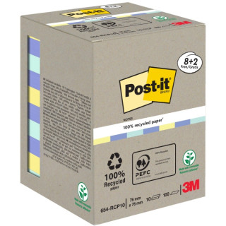 Post-It Pack de 10 Blocs de 100 Notas Adhesivas Recicladas - Forma Cuadrada - 76x76mm - Colores Surtidos