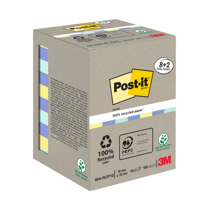 Post-It Pack de 10 Blocs de 100 Notas Adhesivas Recicladas - Forma Cuadrada - 76x76mm - Colores Surtidos