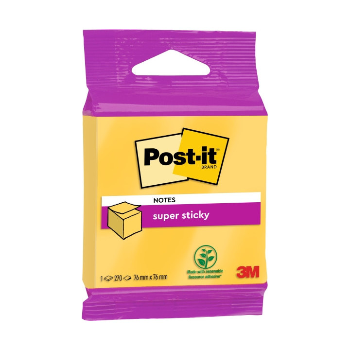 Post-It Super Sticky Cubo de 270 Notas Adhesivas Reposicionables - Forma Cuadrada - 76x76mm - Color Amarillo