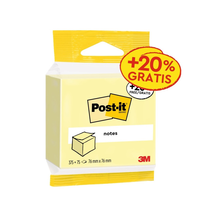 Post-It Bloc de 450 Notas Adhesivas Reposicionables - 76x76mm - 100% PEFC - Color Amarillo Claro