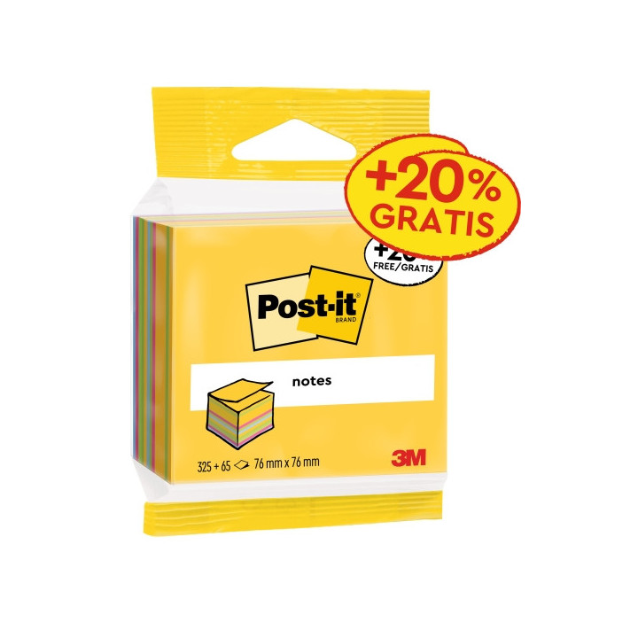Post-It Cubo de 390 Notas Adhesivas Reposicionables - Forma Cuadrada - 76x76mm - Colores Surtidos