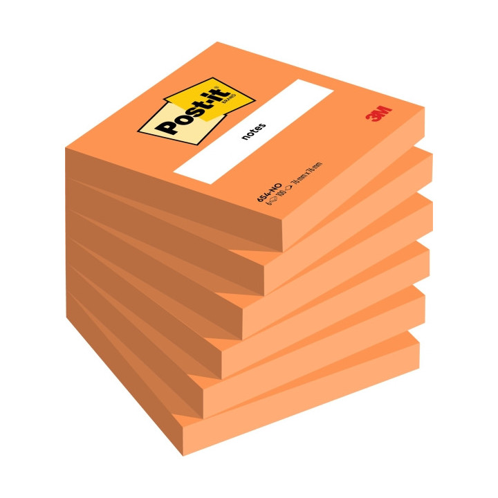 Post-It Pack de 6 Blocs de 100 Notas Adhesivas Reposicionables - Forma Cuadrada - 76x76mm - Color Naranja