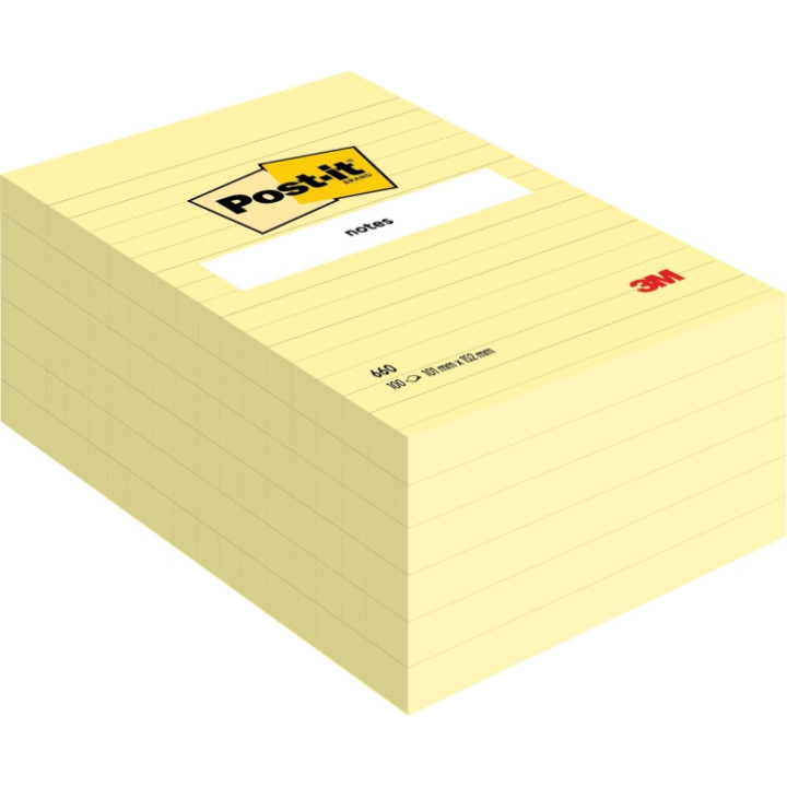 Post-It Pack de 6 Blocs de 100 Notas Adhesivas Reposicionables - Forma Rectangular - 101x152mm - Color Amarillo Claro
