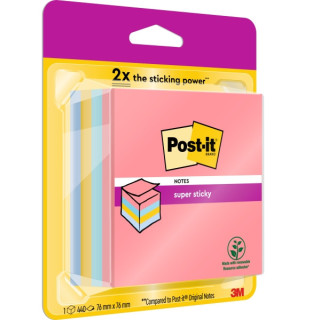 Post-It Super Sticky Cubo de 400 Notas Adhesivas Reposicionables - Colores Arcoiris - 76x76mm - Colores Surtidos