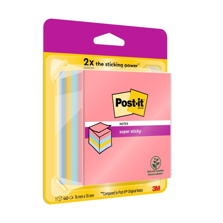 Post-It Super Sticky Cubo de 400 Notas Adhesivas Reposicionables - Colores Arcoiris - 76x76mm - Colores Surtidos