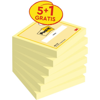Post-It Pack de 6 Blocs de 100 Notas Adhesivas Reposicionables - 76x76mm - Promocion 5 Blocs + 1 Gratis - Color Amarillo Claro